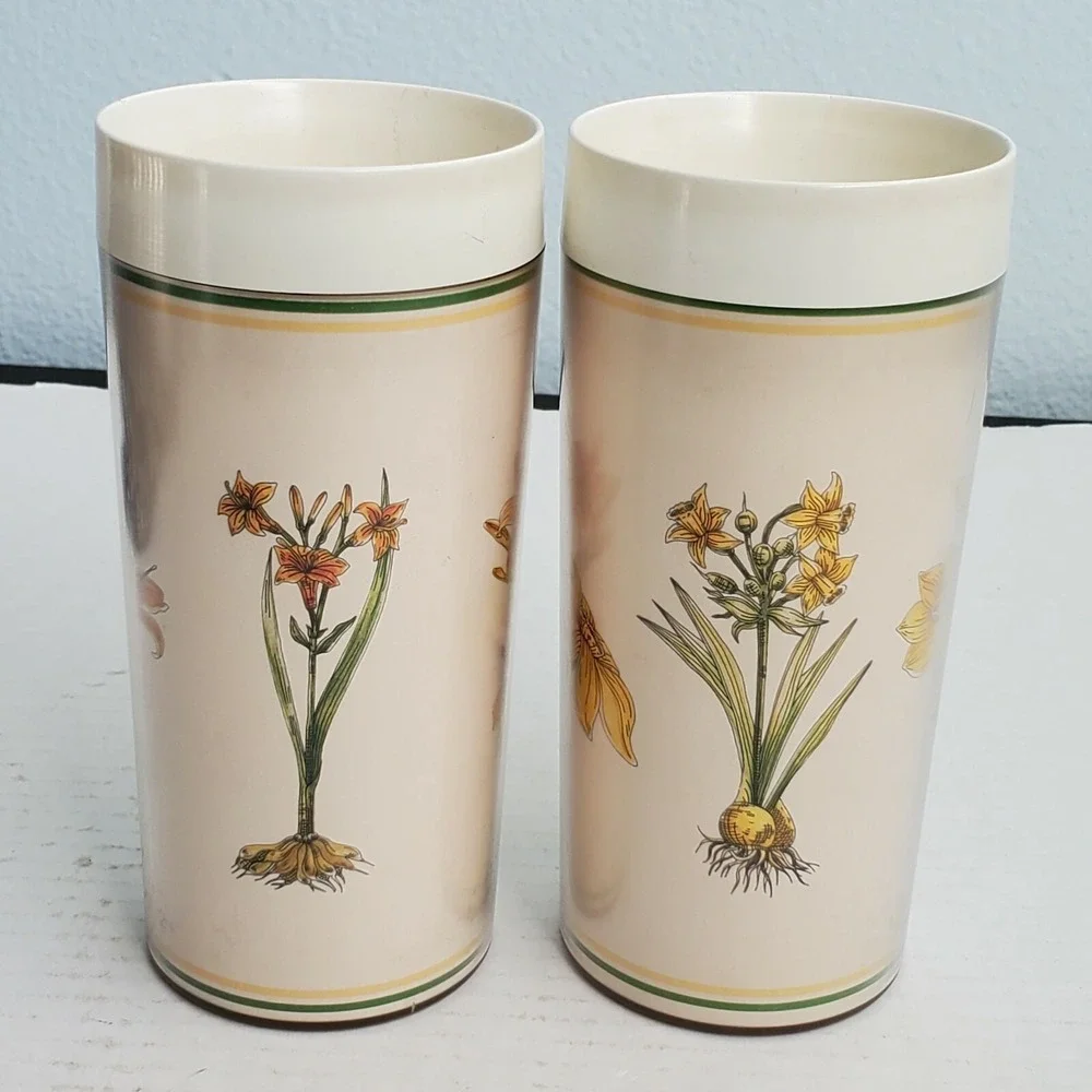 Vintage 1980 Thermo-Serv Floral Insulated Tumblers Set 2 Dart Ind Lily Daffodil